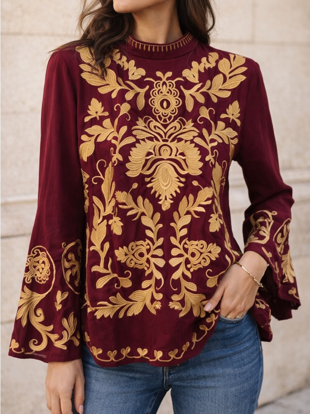 gimmicks by BKE Burgundy Long-Sleeve Top with Gold Embroidery